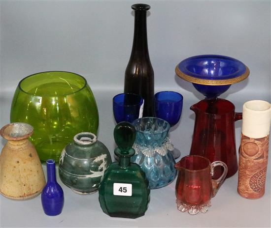 Coloured glass and studio pottery
